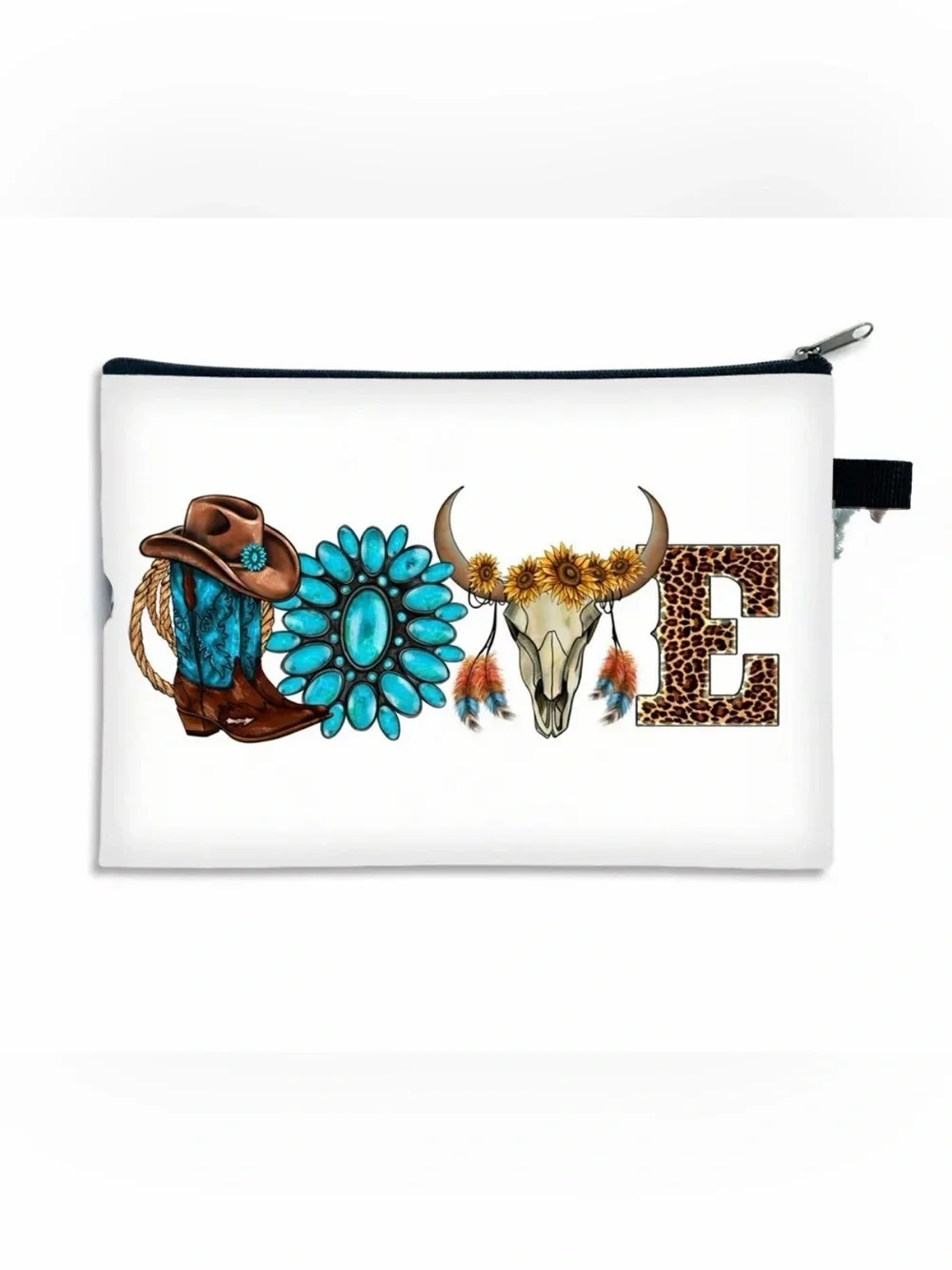 Western 'LOVE' Pouch Cosmetic Bag with Turquoise and Leopard Print
